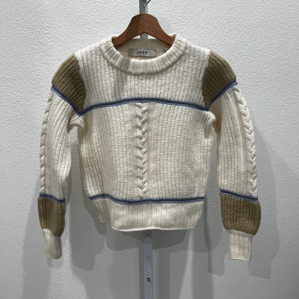 Joie Ivor Colorblock Chunky Cable Knit Wool Sweater Womens XS Cream Old Money - Picture 2 of 15